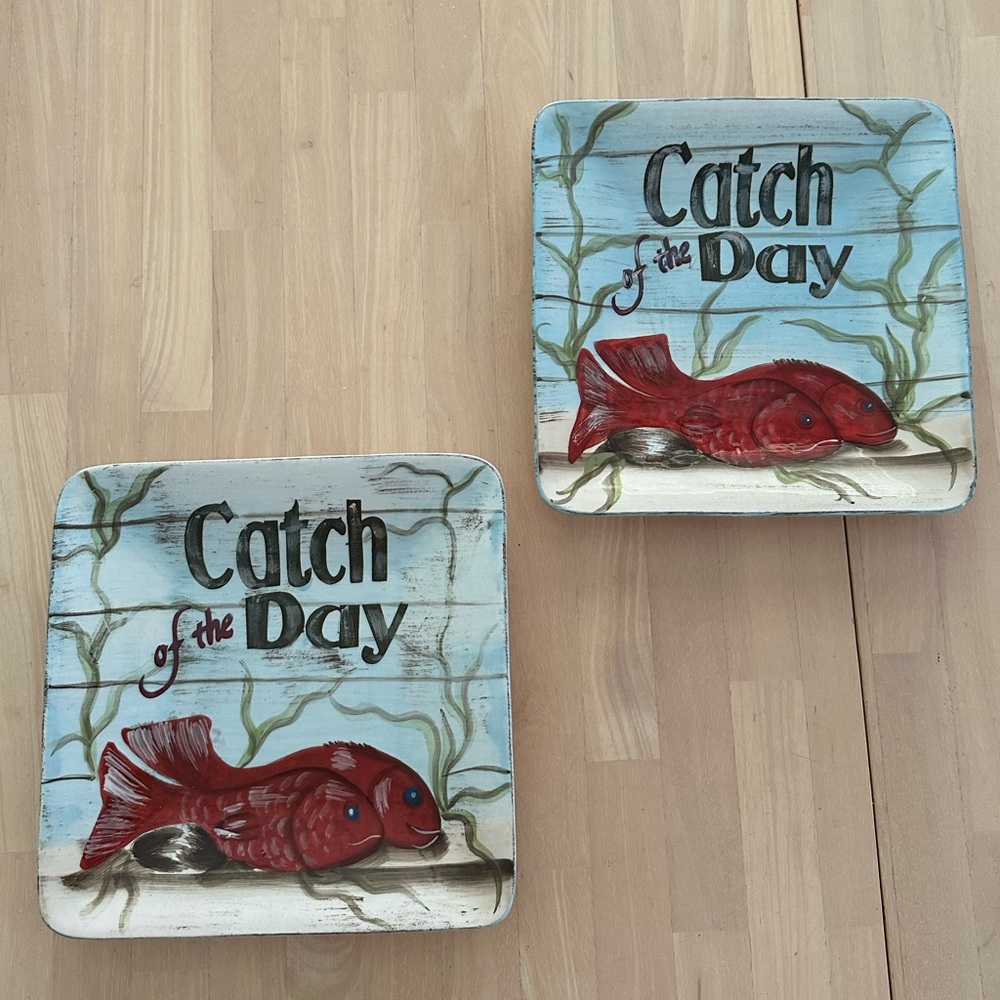 Kate McRostie Two 9" Catch of the Day Seafood Dinner Plates - Rare